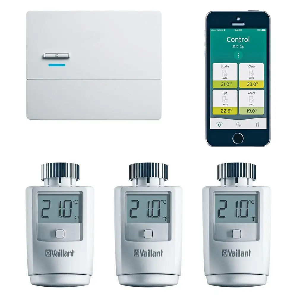 Heizungssteuerungssystem mit Wandthermostat, drei digitalen Thermostatventilen und Smartphone-App zur Einzelraumregelung, Marke Vaillant.